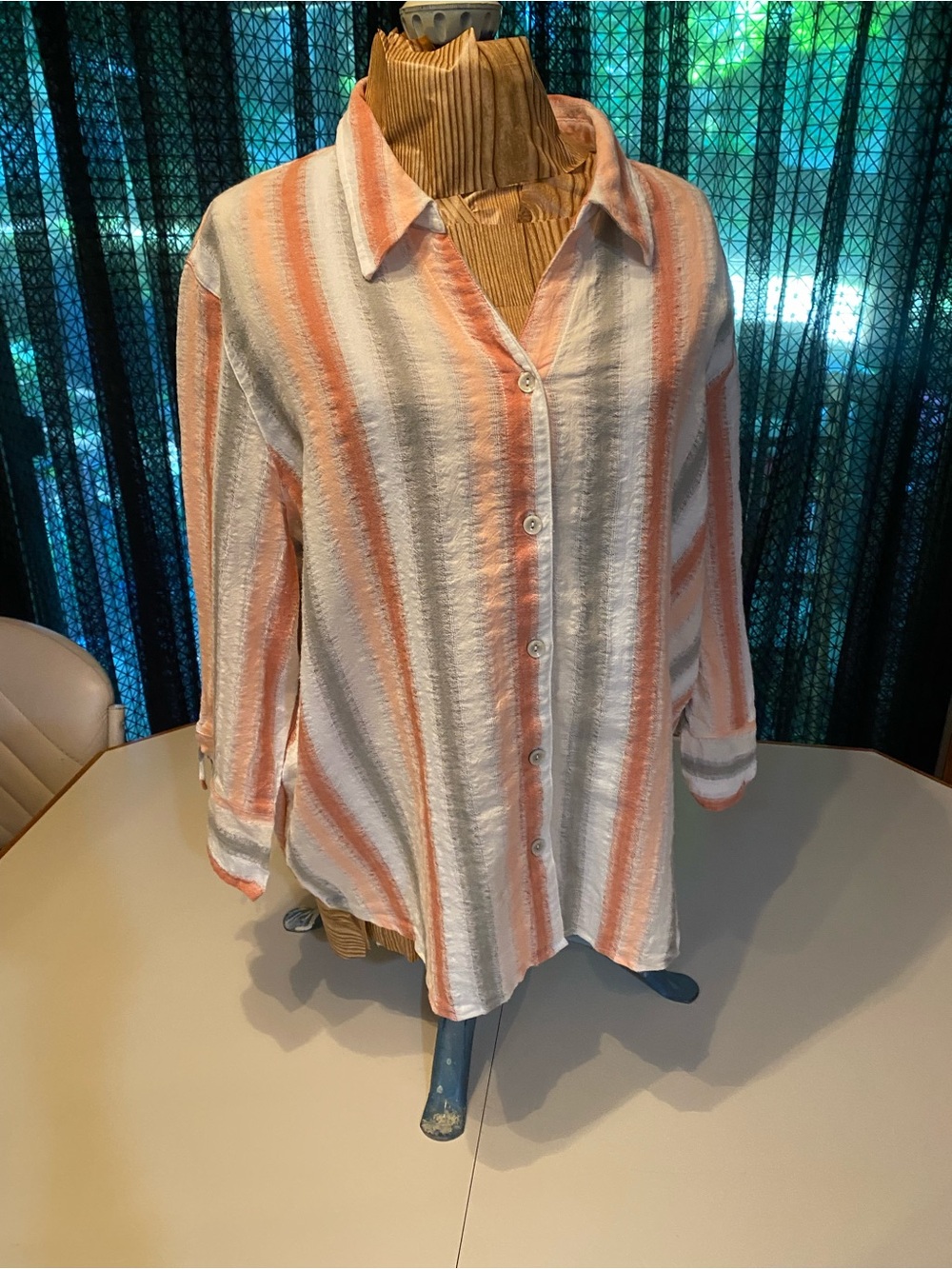Alfred Dunner Peach & White Striped Button-Up Blouse